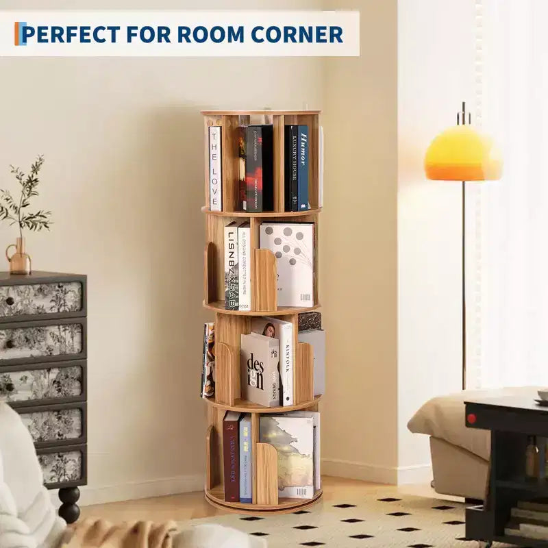 Bibliothèque tournante en bois à 4 niveaux, étagère sur pied à 360° et organiseur de rangement multifonctionnel pour salon, enfants et adultes