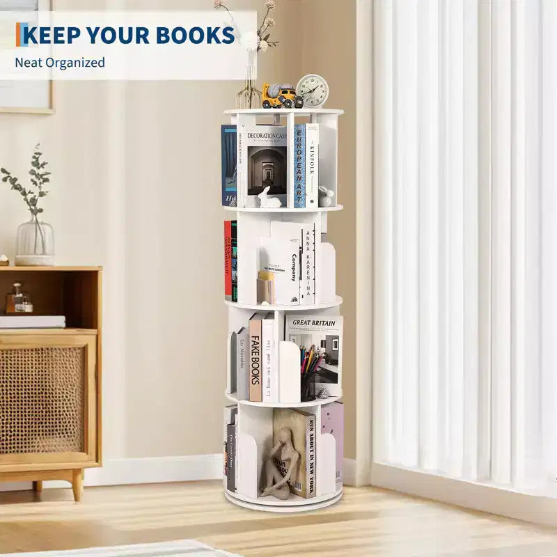 Bibliothèque tournante en bois à 4 niveaux, étagère sur pied à 360° et organiseur de rangement multifonctionnel pour salon, enfants et adultes