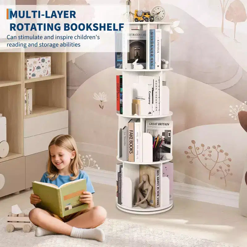 Bibliothèque tournante en bois à 4 niveaux, étagère sur pied à 360° et organiseur de rangement multifonctionnel pour salon, enfants et adultes