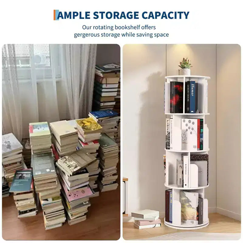 Bibliothèque tournante en bois à 4 niveaux, étagère sur pied à 360° et organiseur de rangement multifonctionnel pour salon, enfants et adultes