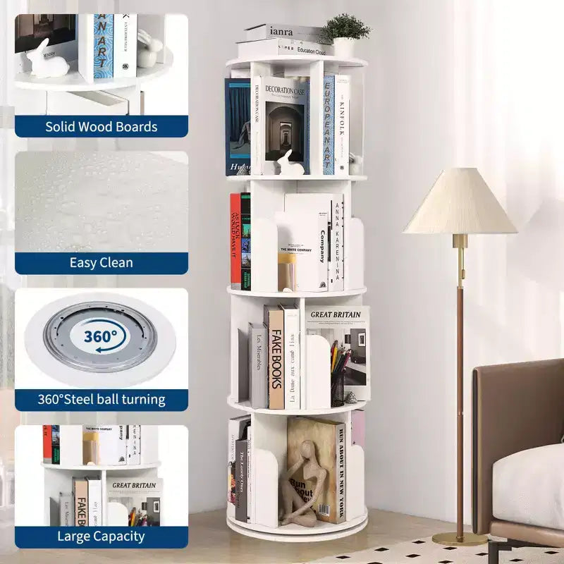 Bibliothèque tournante en bois à 4 niveaux, étagère sur pied à 360° et organiseur de rangement multifonctionnel pour salon, enfants et adultes