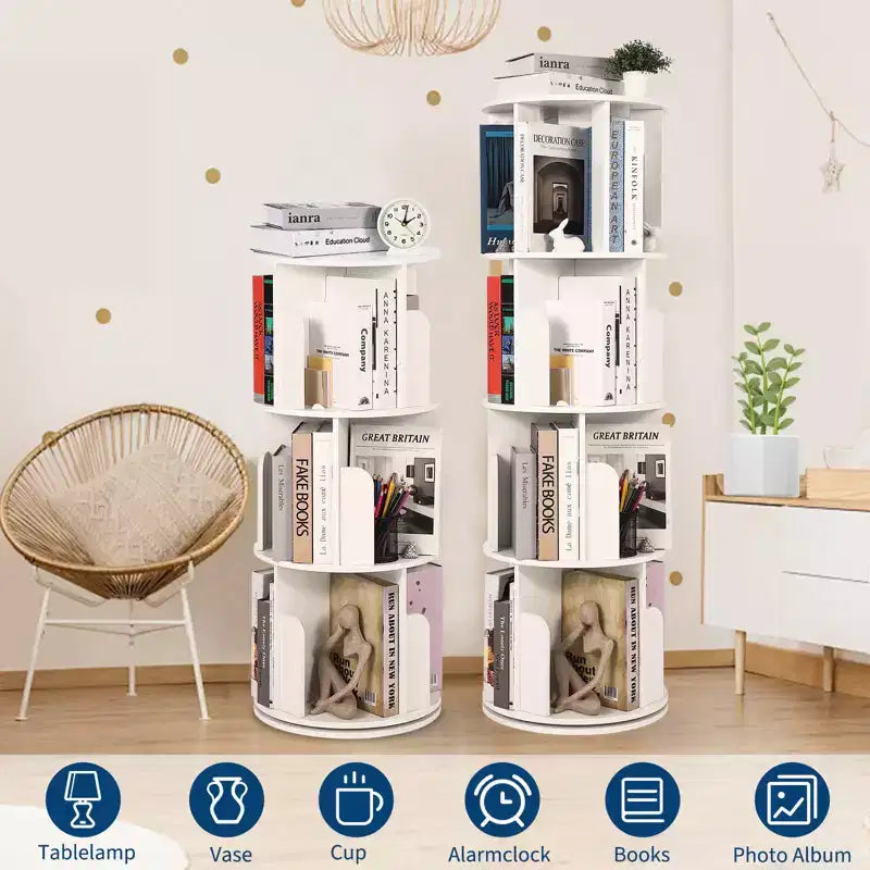 Bibliothèque tournante en bois à 4 niveaux, étagère sur pied à 360° et organiseur de rangement multifonctionnel pour salon, enfants et adultes