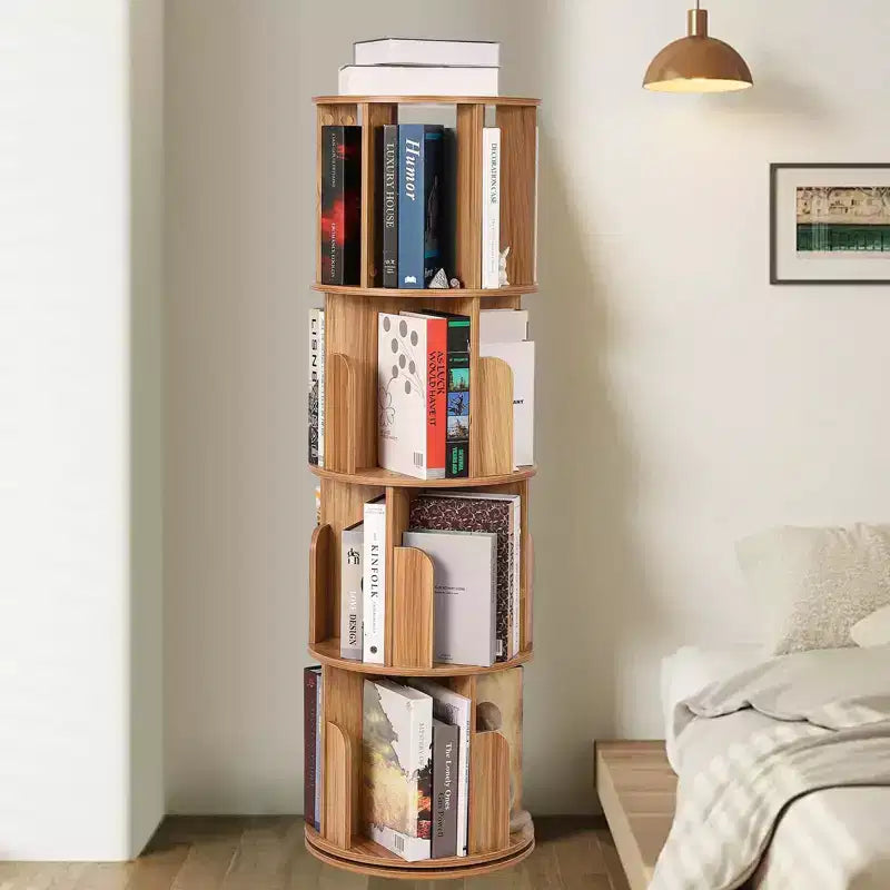 Bibliothèque tournante en bois à 4 niveaux, étagère sur pied à 360° et organiseur de rangement multifonctionnel pour salon, enfants et adultes