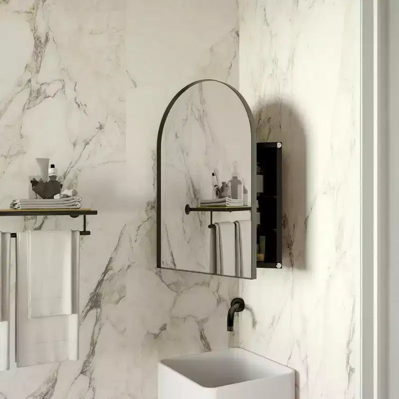 GDFStudio Agatha Modern Medicine Cabinet with Arched Mirror and Adjustable Tempered Glass Shelves