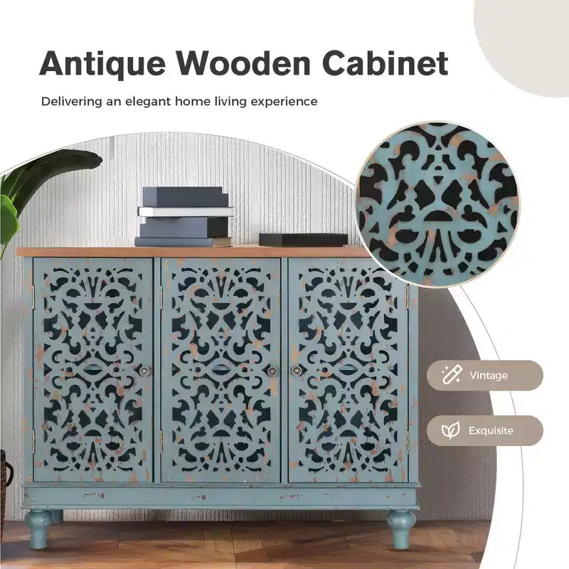 Bahut de rangement sculpté creux effet vieilli avec pieds en bois massif pour salon, entrée, couloir