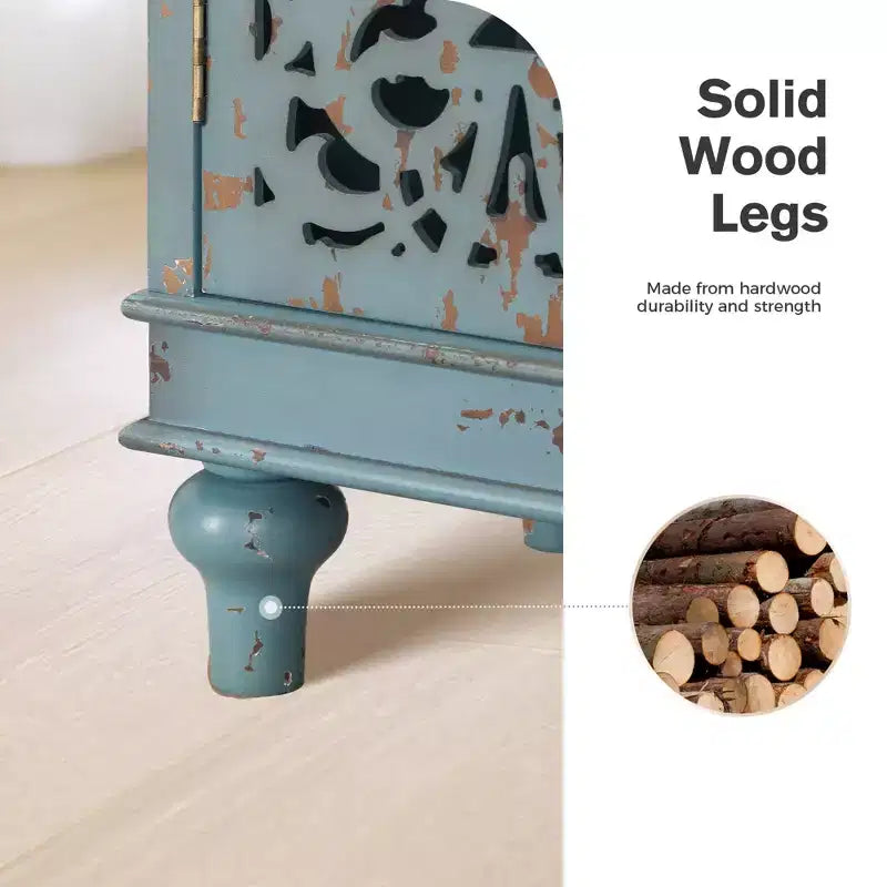 Bahut de rangement sculpté creux effet vieilli avec pieds en bois massif pour salon, entrée, couloir