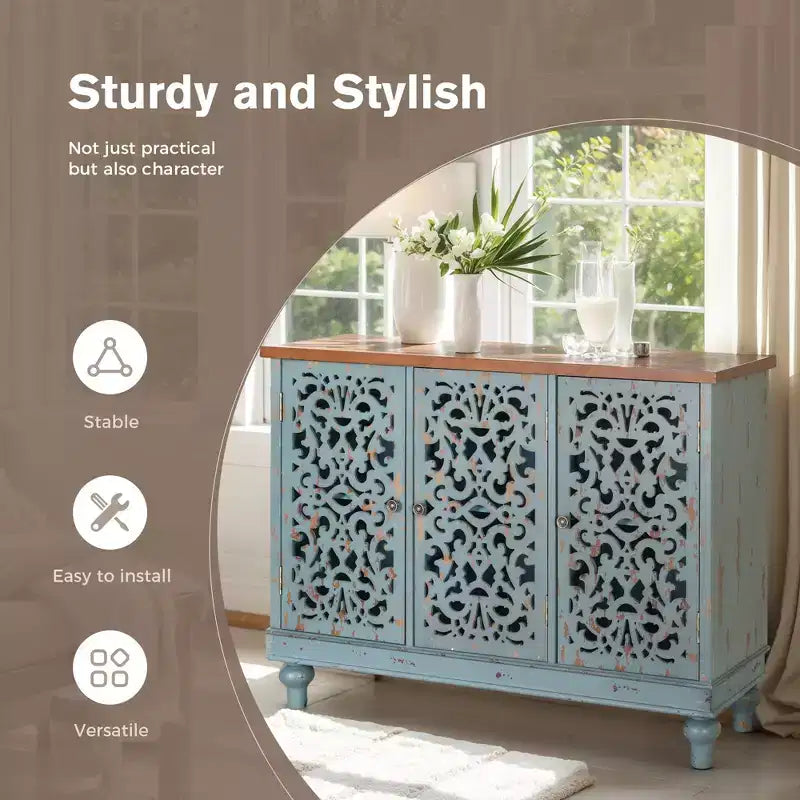 Bahut de rangement sculpté creux effet vieilli avec pieds en bois massif pour salon, entrée, couloir