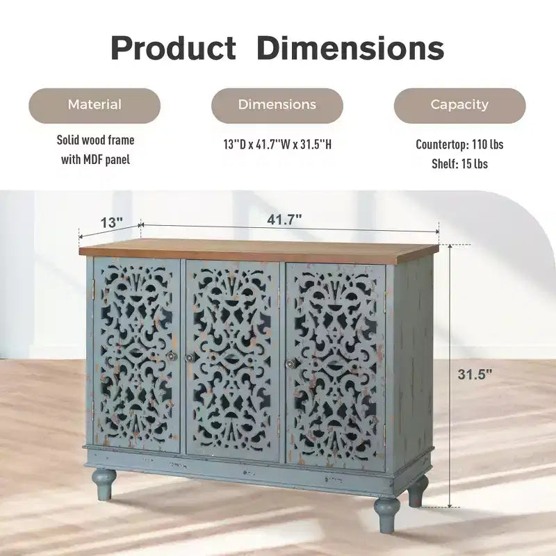 Bahut de rangement sculpté creux effet vieilli avec pieds en bois massif pour salon, entrée, couloir
