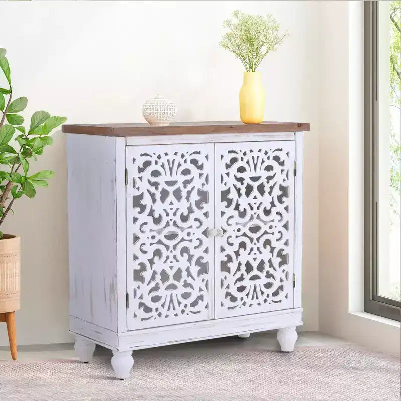 Bahut de rangement sculpté creux effet vieilli avec pieds en bois massif pour salon, entrée, couloir