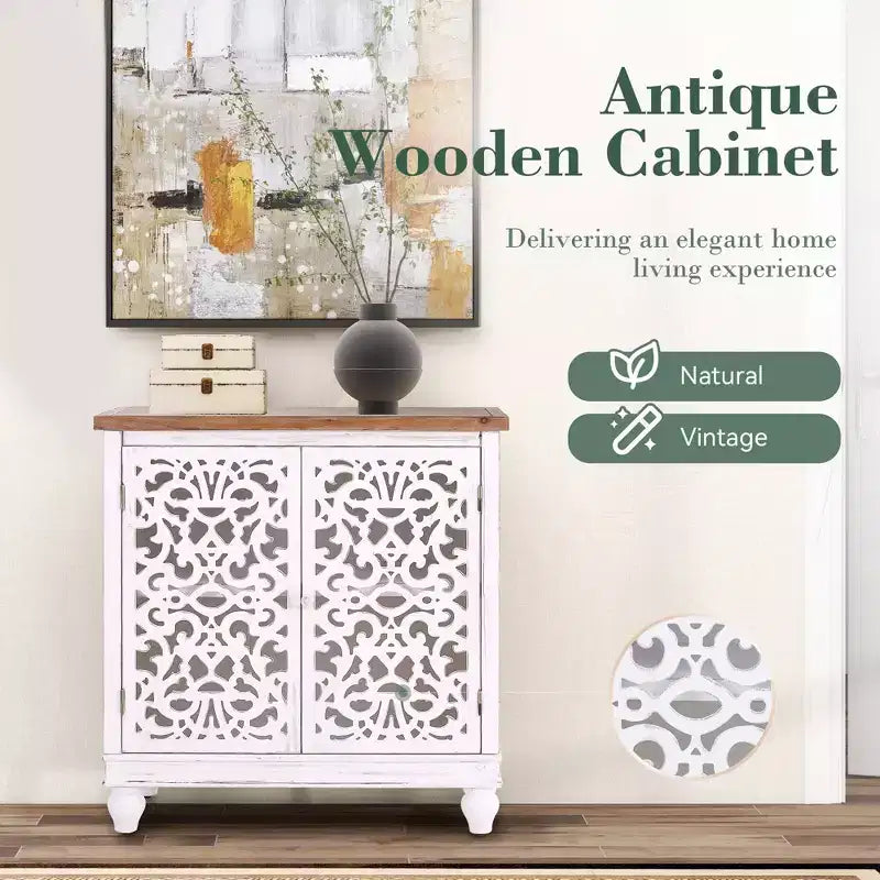 Bahut de rangement sculpté creux effet vieilli avec pieds en bois massif pour salon, entrée, couloir