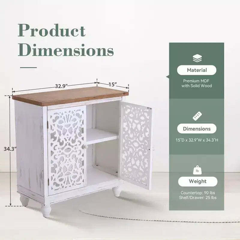 Bahut de rangement sculpté creux effet vieilli avec pieds en bois massif pour salon, entrée, couloir