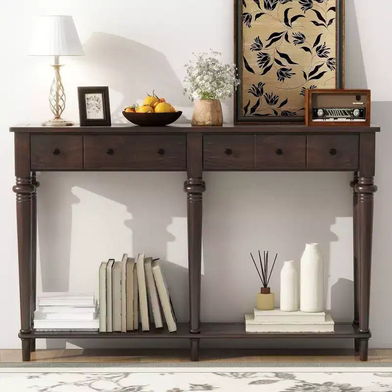 Okak 59.8IN Retro Entryway Table with 4 Drawers, Narrow Console Table with Open Shelves, Hallway Table for Living Room, Foyer, Espresso