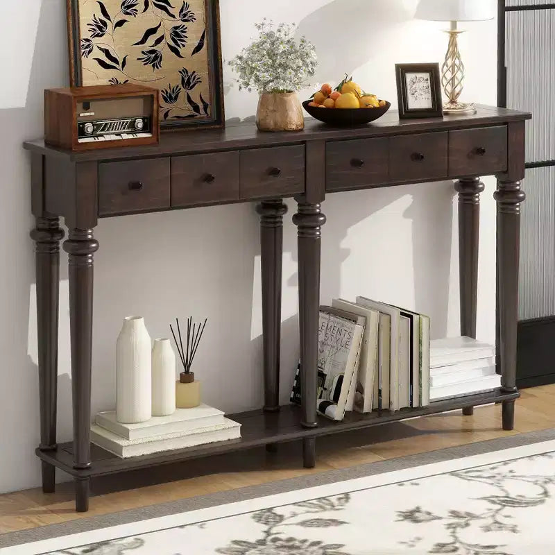 Console d'entrée rétro de 59,8 pouces avec 4 tiroirs, table console étroite avec étagères ouvertes, table de couloir pour salon, foyer, expresso