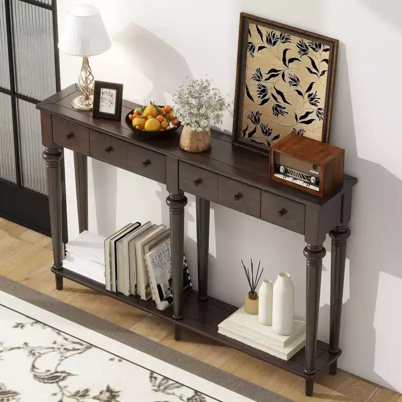 Console d'entrée rétro de 59,8 pouces avec 4 tiroirs, table console étroite avec étagères ouvertes, table de couloir pour salon, foyer, expresso