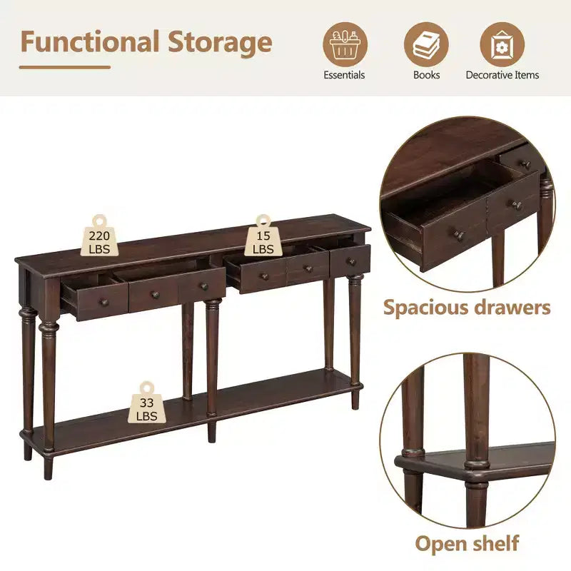 Console d'entrée rétro de 59,8 pouces avec 4 tiroirs, table console étroite avec étagères ouvertes, table de couloir pour salon, foyer, expresso