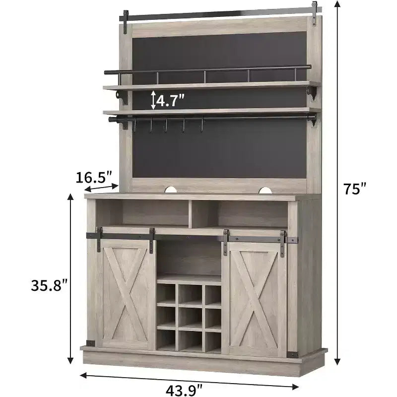 Buffet de Cuisine Haut de 75 po, Grand Rangement pour Cuisines, Armoires de Garde-Manger, Meuble de Bar à Café Blanc avec Porte Coulissante Style Grange