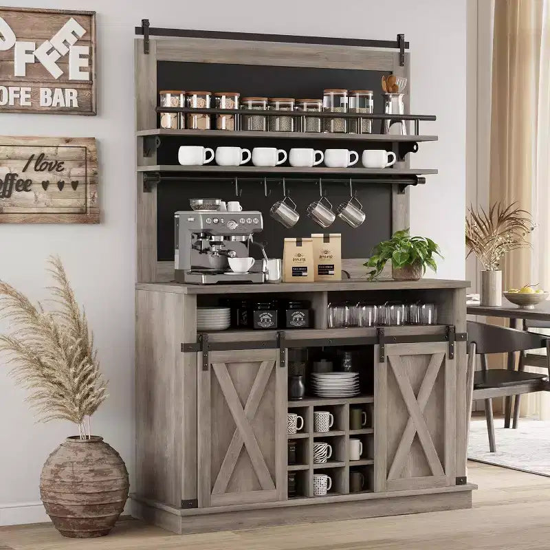 Buffet de Cuisine Haut de 75 po, Grand Rangement pour Cuisines, Armoires de Garde-Manger, Meuble de Bar à Café Blanc avec Porte Coulissante Style Grange