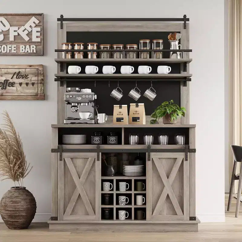 Buffet de Cuisine Haut de 75 po, Grand Rangement pour Cuisines, Armoires de Garde-Manger, Meuble de Bar à Café Blanc avec Porte Coulissante Style Grange