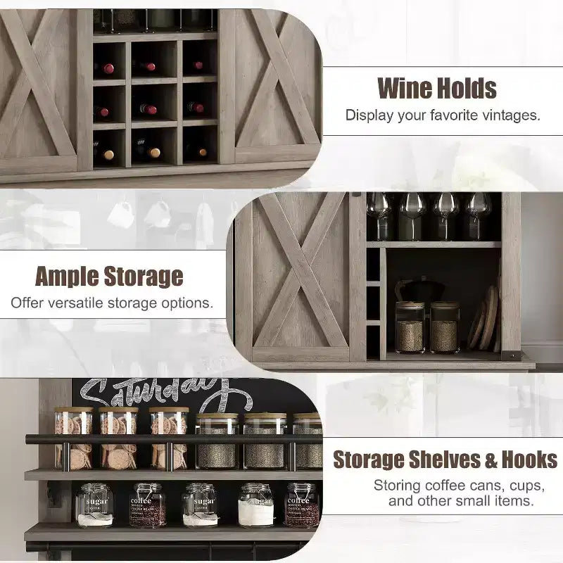 Buffet de Cuisine Haut de 75 po, Grand Rangement pour Cuisines, Armoires de Garde-Manger, Meuble de Bar à Café Blanc avec Porte Coulissante Style Grange