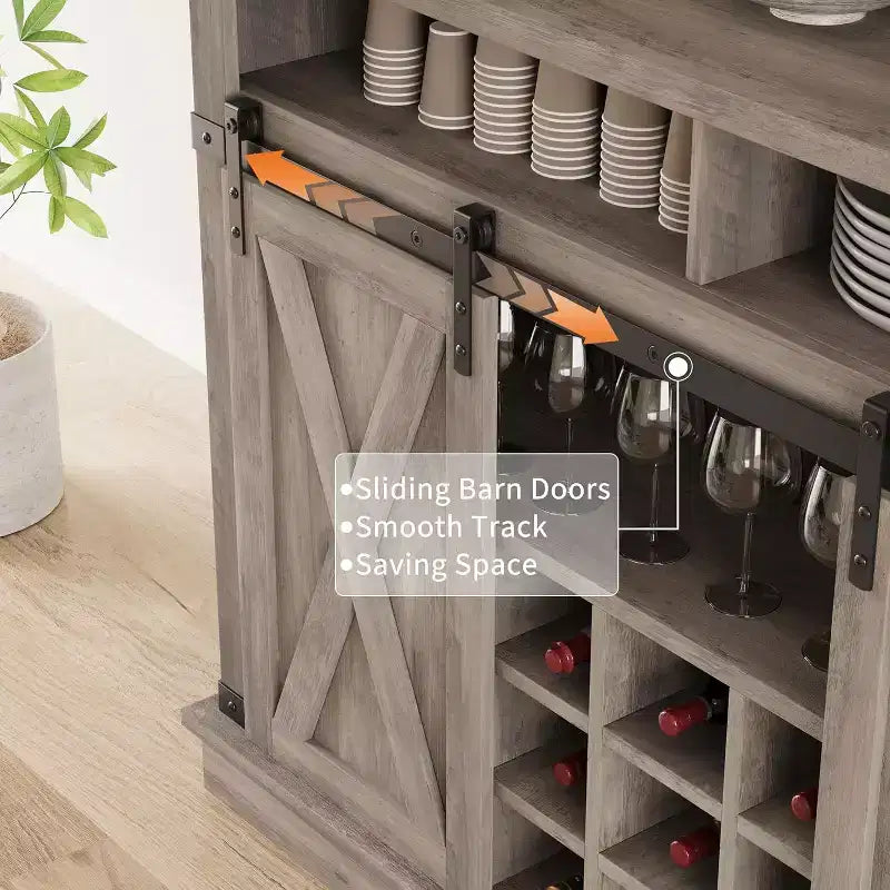 Buffet de Cuisine Haut de 75 po, Grand Rangement pour Cuisines, Armoires de Garde-Manger, Meuble de Bar à Café Blanc avec Porte Coulissante Style Grange