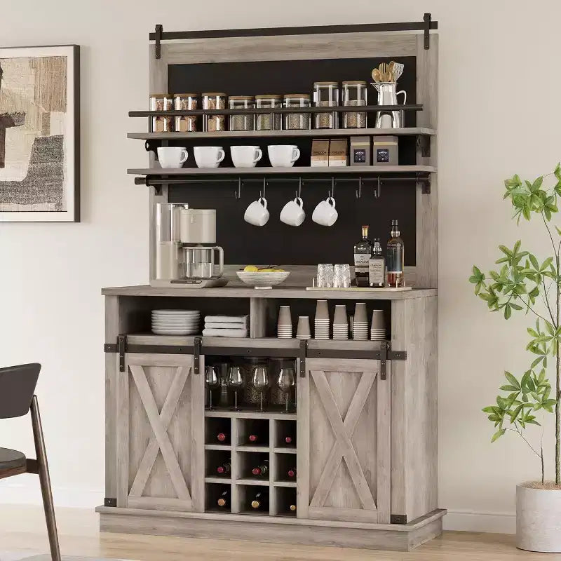 Buffet de Cuisine Haut de 75 po, Grand Rangement pour Cuisines, Armoires de Garde-Manger, Meuble de Bar à Café Blanc avec Porte Coulissante Style Grange