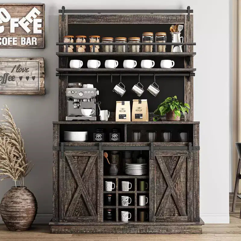 Buffet de Cuisine Haut de 75 po, Grand Rangement pour Cuisines, Armoires de Garde-Manger, Meuble de Bar à Café Blanc avec Porte Coulissante Style Grange