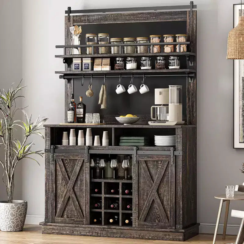 Buffet de Cuisine Haut de 75 po, Grand Rangement pour Cuisines, Armoires de Garde-Manger, Meuble de Bar à Café Blanc avec Porte Coulissante Style Grange