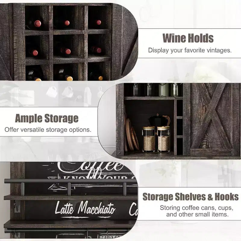 Buffet de Cuisine Haut de 75 po, Grand Rangement pour Cuisines, Armoires de Garde-Manger, Meuble de Bar à Café Blanc avec Porte Coulissante Style Grange