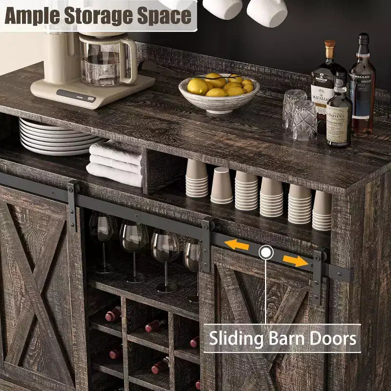 Buffet de Cuisine Haut de 75 po, Grand Rangement pour Cuisines, Armoires de Garde-Manger, Meuble de Bar à Café Blanc avec Porte Coulissante Style Grange