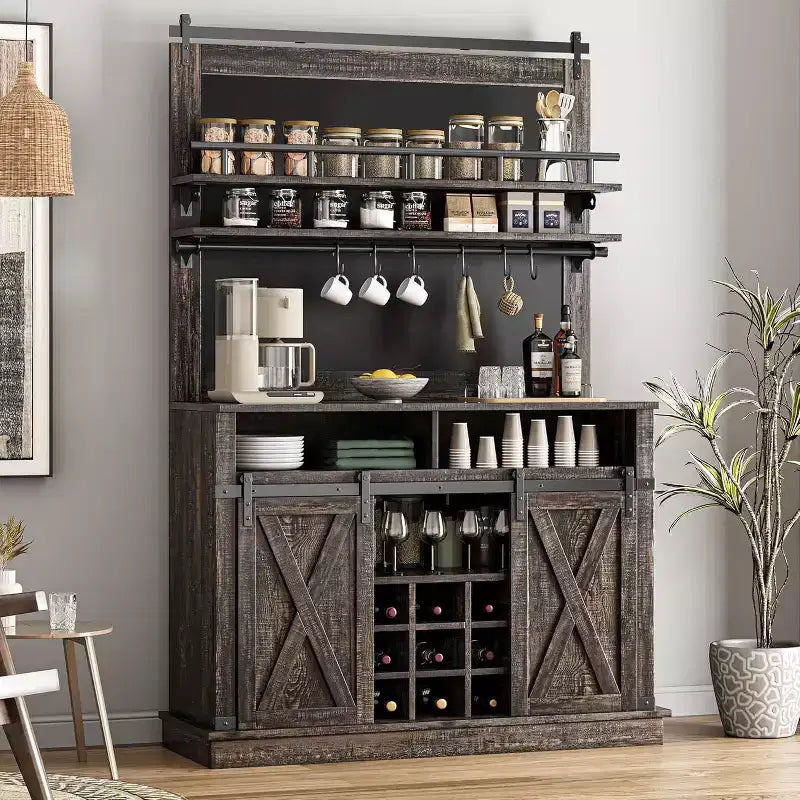 Buffet de Cuisine Haut de 75 po, Grand Rangement pour Cuisines, Armoires de Garde-Manger, Meuble de Bar à Café Blanc avec Porte Coulissante Style Grange