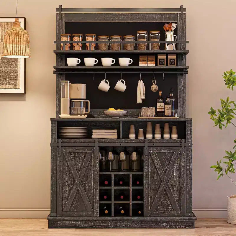 Buffet de Cuisine Haut de 75 po, Grand Rangement pour Cuisines, Armoires de Garde-Manger, Meuble de Bar à Café Blanc avec Porte Coulissante Style Grange