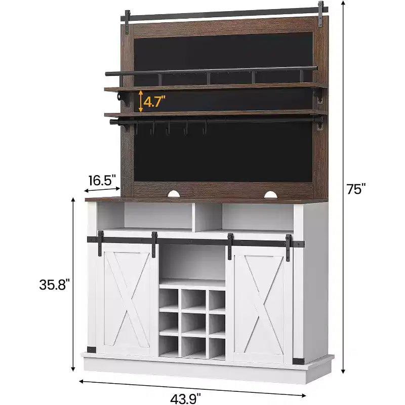 Buffet de Cuisine Haut de 75 po, Grand Rangement pour Cuisines, Armoires de Garde-Manger, Meuble de Bar à Café Blanc avec Porte Coulissante Style Grange