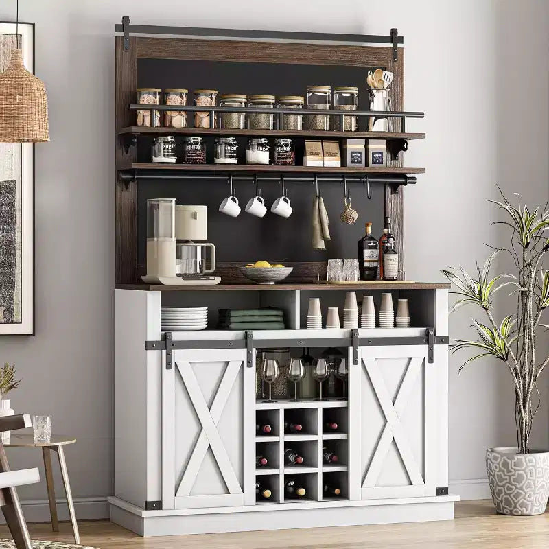 Buffet de Cuisine Haut de 75 po, Grand Rangement pour Cuisines, Armoires de Garde-Manger, Meuble de Bar à Café Blanc avec Porte Coulissante Style Grange
