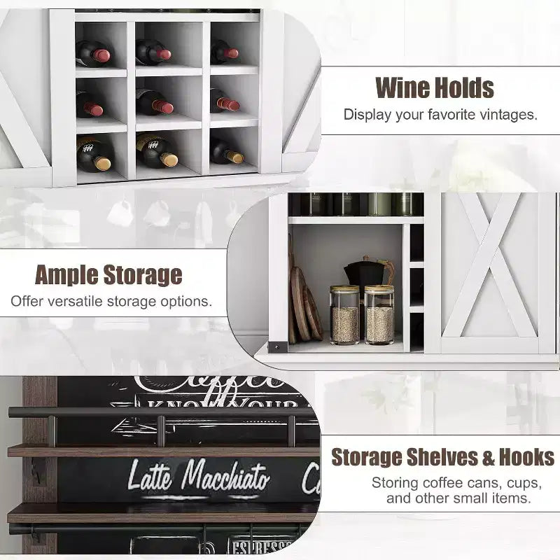 Buffet de Cuisine Haut de 75 po, Grand Rangement pour Cuisines, Armoires de Garde-Manger, Meuble de Bar à Café Blanc avec Porte Coulissante Style Grange