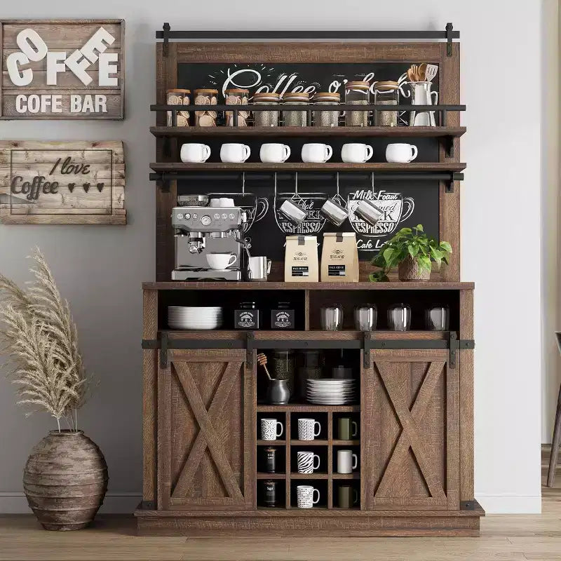 Buffet de Cuisine Haut de 75 po, Grand Rangement pour Cuisines, Armoires de Garde-Manger, Meuble de Bar à Café Blanc avec Porte Coulissante Style Grange