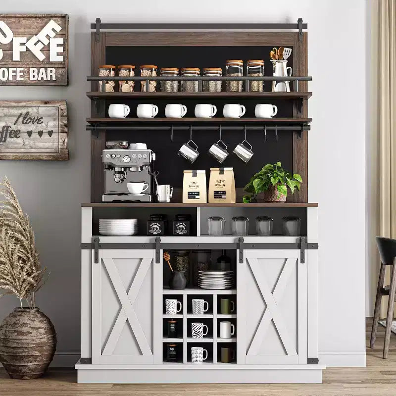 Buffet de Cuisine Haut de 75 po, Grand Rangement pour Cuisines, Armoires de Garde-Manger, Meuble de Bar à Café Blanc avec Porte Coulissante Style Grange