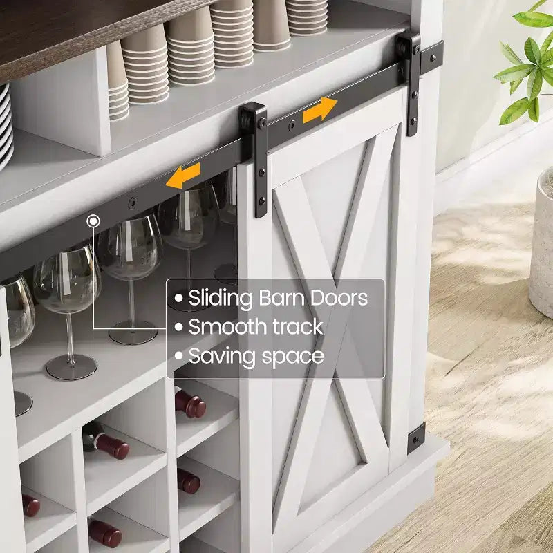 Buffet de Cuisine Haut de 75 po, Grand Rangement pour Cuisines, Armoires de Garde-Manger, Meuble de Bar à Café Blanc avec Porte Coulissante Style Grange