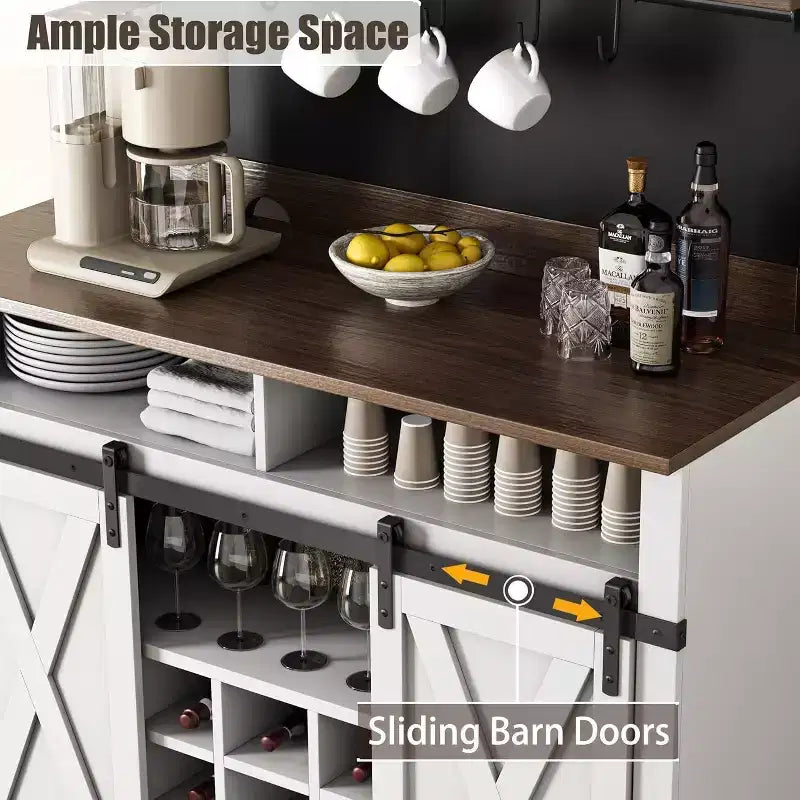 Buffet de Cuisine Haut de 75 po, Grand Rangement pour Cuisines, Armoires de Garde-Manger, Meuble de Bar à Café Blanc avec Porte Coulissante Style Grange