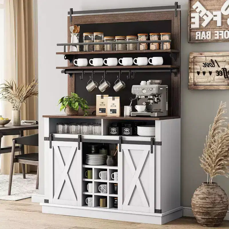 Buffet de Cuisine Haut de 75 po, Grand Rangement pour Cuisines, Armoires de Garde-Manger, Meuble de Bar à Café Blanc avec Porte Coulissante Style Grange