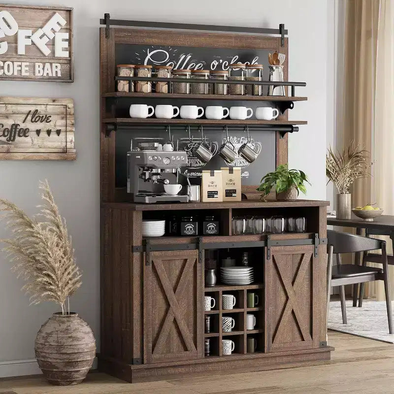 Buffet de Cuisine Haut de 75 po, Grand Rangement pour Cuisines, Armoires de Garde-Manger, Meuble de Bar à Café Blanc avec Porte Coulissante Style Grange