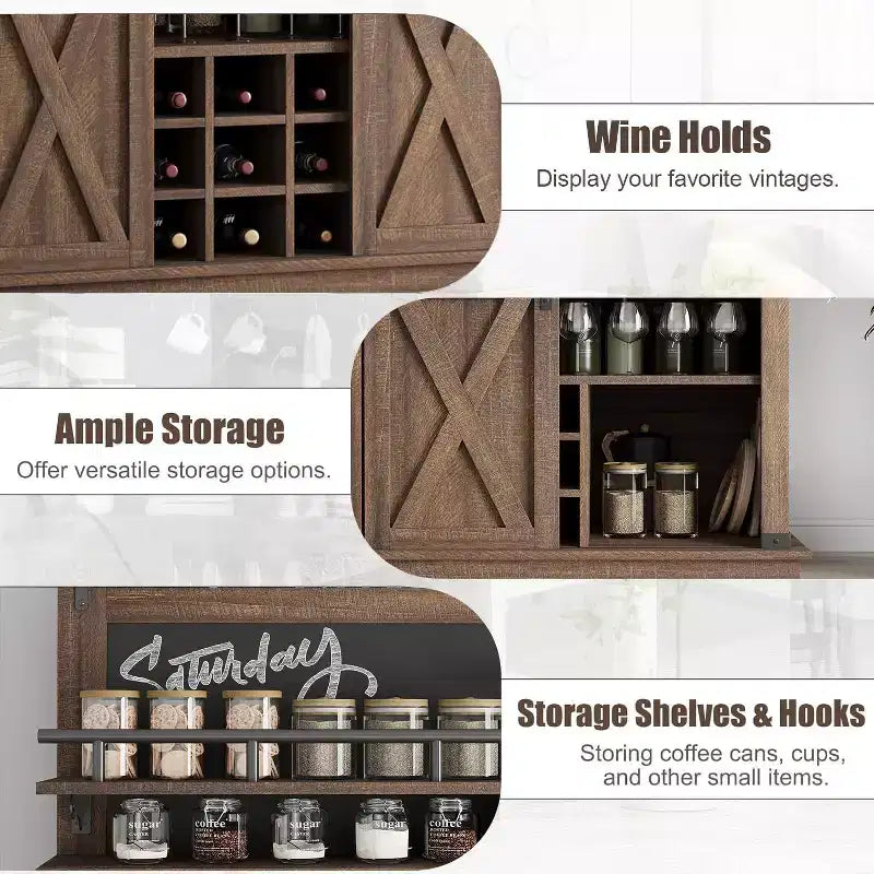 Buffet de Cuisine Haut de 75 po, Grand Rangement pour Cuisines, Armoires de Garde-Manger, Meuble de Bar à Café Blanc avec Porte Coulissante Style Grange