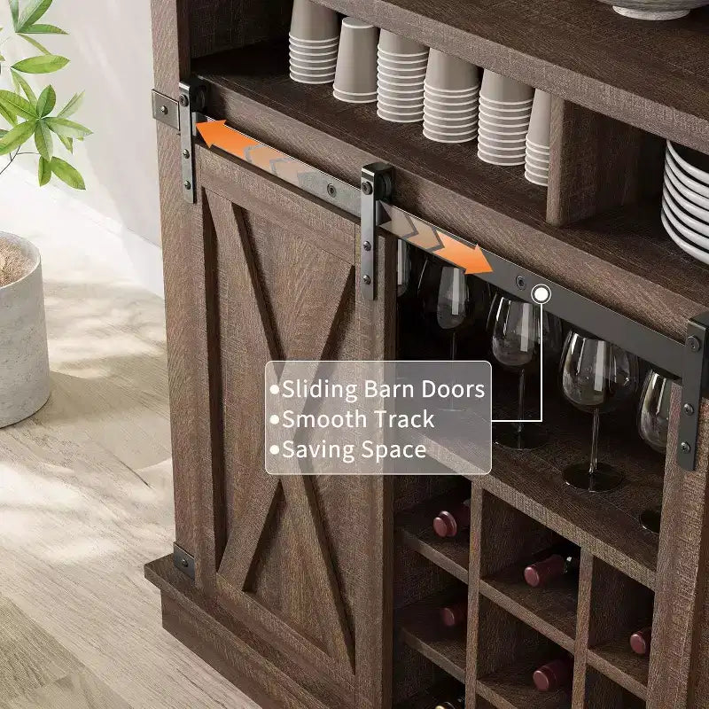Buffet de Cuisine Haut de 75 po, Grand Rangement pour Cuisines, Armoires de Garde-Manger, Meuble de Bar à Café Blanc avec Porte Coulissante Style Grange