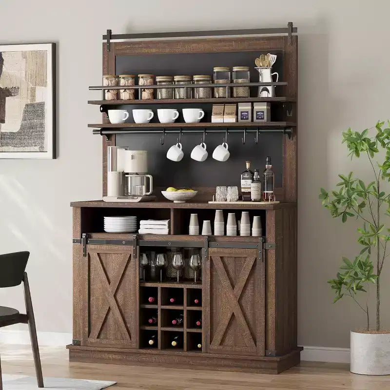 Buffet de Cuisine Haut de 75 po, Grand Rangement pour Cuisines, Armoires de Garde-Manger, Meuble de Bar à Café Blanc avec Porte Coulissante Style Grange