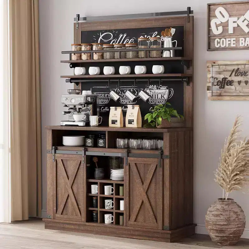 75 Tall Coffee Hutch Cabinet Large Kitchens Storage Pantry Cabinets White Coffee Bar Cabinet Cupboard with Sliding Barn Door