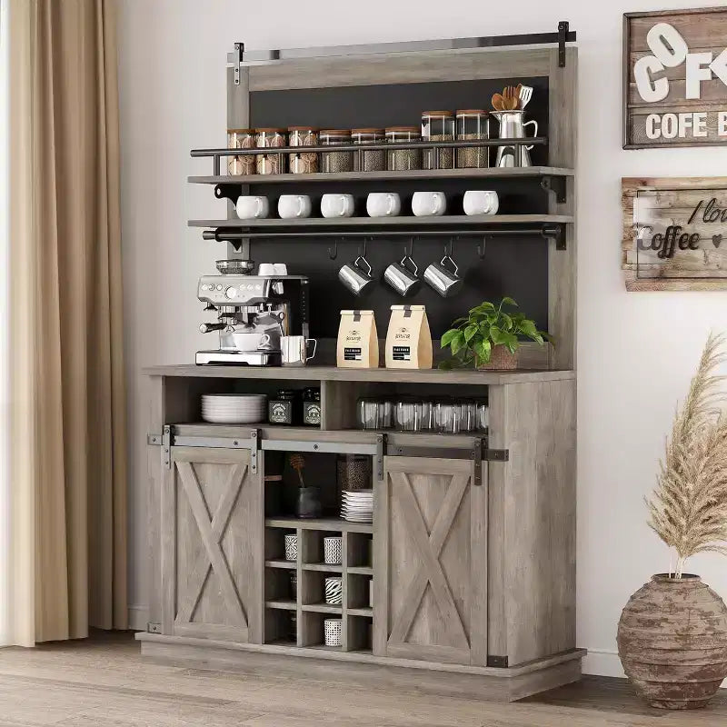 Buffet de Cuisine Haut de 75 po, Grand Rangement pour Cuisines, Armoires de Garde-Manger, Meuble de Bar à Café Blanc avec Porte Coulissante Style Grange