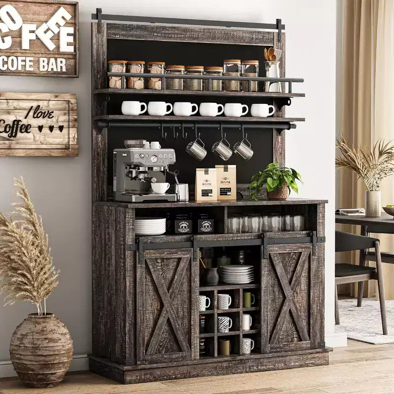 Buffet de Cuisine Haut de 75 po, Grand Rangement pour Cuisines, Armoires de Garde-Manger, Meuble de Bar à Café Blanc avec Porte Coulissante Style Grange
