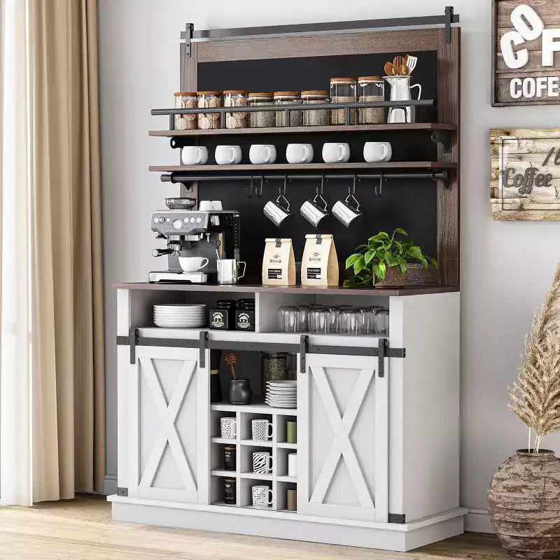Buffet de Cuisine Haut de 75 po, Grand Rangement pour Cuisines, Armoires de Garde-Manger, Meuble de Bar à Café Blanc avec Porte Coulissante Style Grange