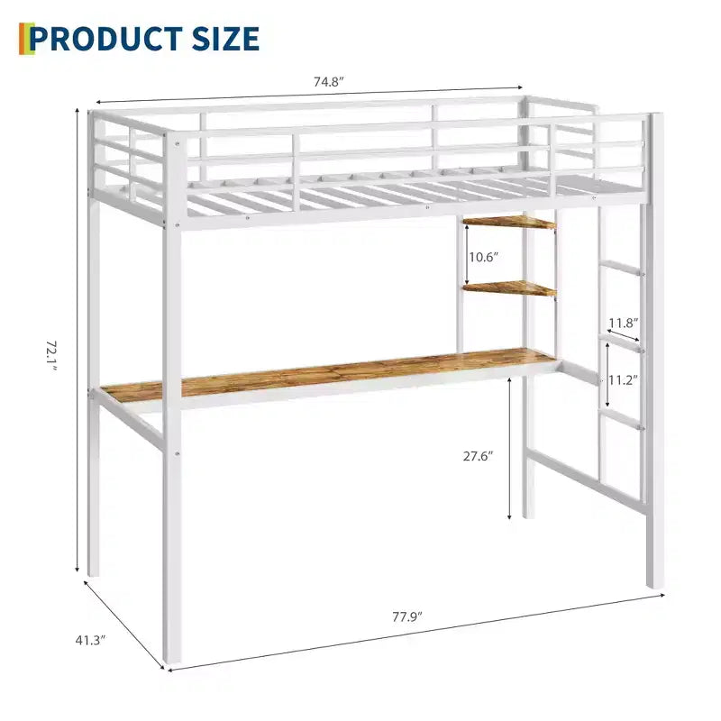 Lit mezzanine double avec grand bureau et étagères de rangement, lit mezzanine en métal avec garde-corps de sécurité et échelle pour enfants et adultes, peu encombrant