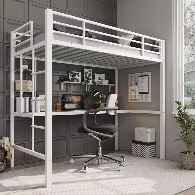 Lit mezzanine double avec grand bureau et étagères de rangement, lit mezzanine en métal avec garde-corps de sécurité et échelle pour enfants et adultes, peu encombrant