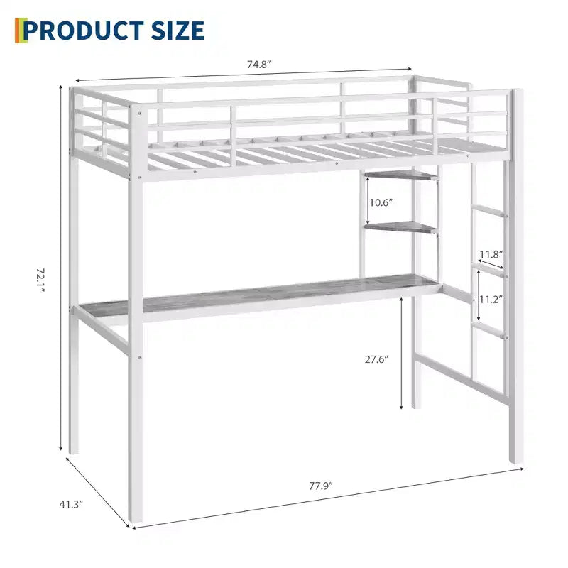 Lit mezzanine double avec grand bureau et étagères de rangement, lit mezzanine en métal avec garde-corps de sécurité et échelle pour enfants et adultes, peu encombrant
